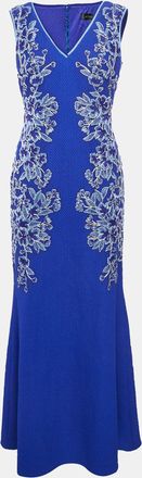 Tadashi Shoji Blue Floral Embroidery Textured Crepe Sleeveless Gown