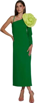 Moskada Asymmetrische Groene Crepe Midi Jurk met Bloemdetail - Dames - Casual kleedjes - Groen - M - Kleedjes