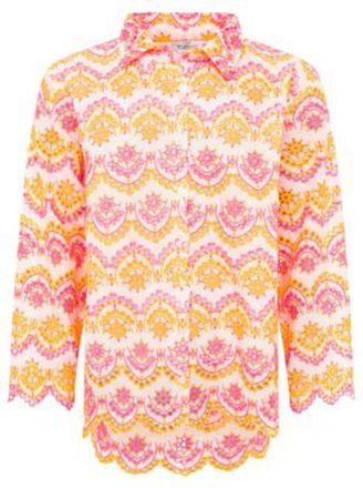 Zwillingsherz Kurzarmbluse ZWILLINGSHERZ Lochstickerei, Damen, Gr. L/XL, neonpink neonorange, Obermaterial: 100% Baumwolle, Blusen Kurzarmbluse, langarm, mit Kragen