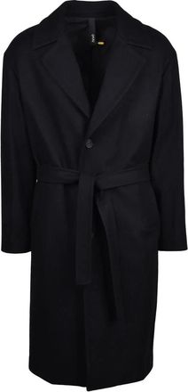 Hev&ograve; Mid-Length Black Coat with Self-Tie Belt