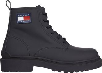 Tommy Jeans Black Sleek Matte Lace-Up Leather Boots