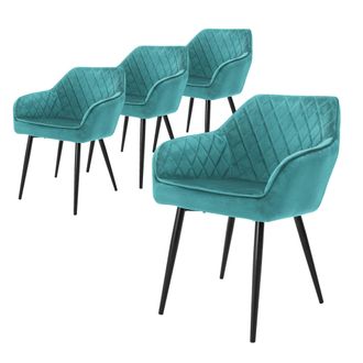 ML Design Ml-design - Set 4x Sillas De Comedor Azul Turquesa, Petr&oacute;leo Moderno Asiento Tapizado Aspecto De Terciopelo Patas De Metal Negras Con Respaldo Y Apoya