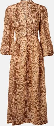 Zimmermann Abito midi Cascadian in lino con stampa leopardata