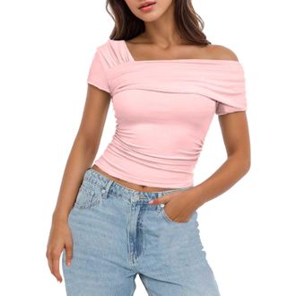 Generic Long Sleeve Crop Tops for Women Going Out Tops Stretch Cold Shoulder Tight T-Shirt Basic Blouse Tee Tops (Pink, L)