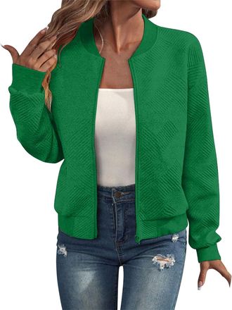 Generic Zip Up Sweatshirt For Women No Hood Solid Color Cotton Long Sleeves Ladies Lightweight Jackets Fashion Slim Fit Plus Size Cardigans Casual Soft Comfor