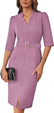 Grace Karin Womens 3/4 Sleeves Slim Fit Pencil Dresses Summer Solid Color Black Dress with Belt Light Purple XXL