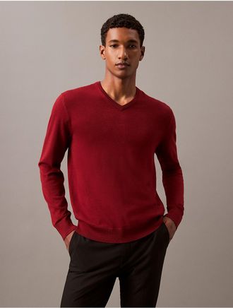 Calvin Klein Mens Extra Fine Merino Blend V-Neck Sweater - Red - S
