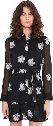 CeCe by Cynthia Steffe Long Sleeve Self Tie Waist Mini Shirt Dress Womens Dress Rich Black : LG, Polyester