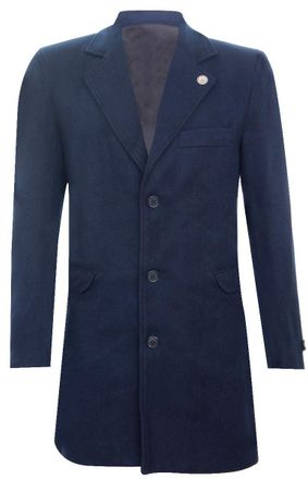 TruClothing Mens Long Navy Wool Slim Fit Overcoat - Size X-Large