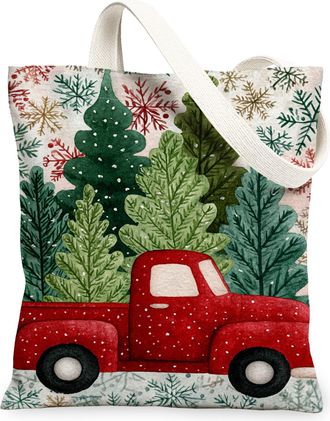 Generic Winter Truck Canvas Tote Bags, Pine Tree Pattern Reusable Grocery Bags, Festive Vintage Lightweight Washable Shoulder Strap, Red, 13x15 Inch