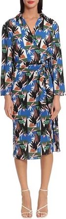 Donna Morgan Long Sleeve Wrap Dress In Jungle Blue
