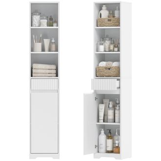 HOMCOM Homcom Armario De Ba&ntilde;o Alto Estrecho Con Caj&oacute;n, Dise&ntilde;o Acanalado, Estante Ajustable, Estantes Abiertos, Para Espacios Peque&ntilde;os, 33x30x172 Cm, Blanco