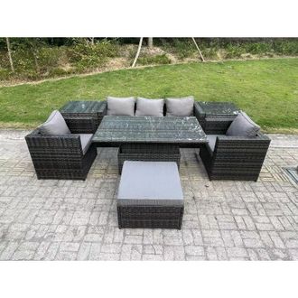 Fimous Fimous 6 Seater Rattan Garden Furniture Sofa Set Outdoor Adjustable Rising Lifting Dining Table Set with 2 Armchairs 2 Side Tables Big Footstool