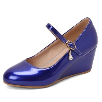 Generic Womens Mary Jane Wedge Shoes Adjustable Buckle Strap Teardrop Crystal Charm Round Toe Metallic PU Leather Non Slip Sole Comfortable Stylish Daily Shoe