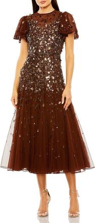 Mac Duggal Flutter Sleeve Sheer Top Beaded Dress in Espresso at Nordstrom, Size 10