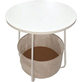 Relaxdays Relaxdays side table, round, with fabric basket, H x D 50 x 45 cm, living room coffee table, MDF & metal, white-beige