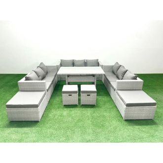 Fimous Rattan Garden Furniture Dining Set 13 Seater Lounge Sofa Dining Table Set with 4 Footstools Light Grey Mixed - Fimous