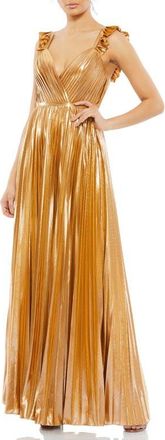Mac Duggal Faux Wrap Pleated Ruffled Sleeveless Gown in Gold at Nordstrom, Size 14