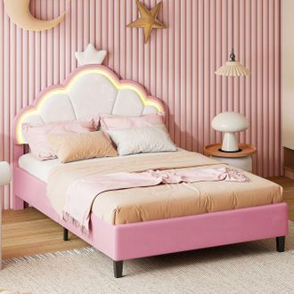 OEM Cama Doble 140x200 Cm - 240328sm - Terciopelo Rosa - Cabecero Corona Con Led - Somier De Lamas Incluido