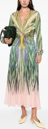 Elie Saab Printed Chiffon Midi Dress In Leaf