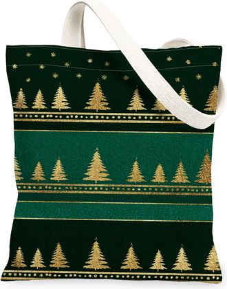 Generic Christmas Trees Canvas Tote Bags, Vintage Elegant Reusable Grocery Bags, Holiday Lightweight Washable Shoulder Strap Canvas, Green, 13x15 Inch