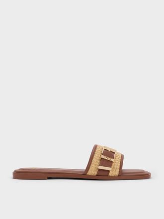 Charles & Keith Whitney Leather & Raffia Slide Sandals