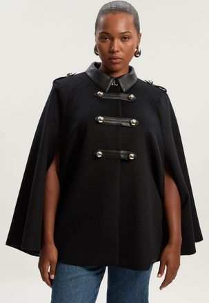 Karen Millen Womens Plus Size Brushed Wool PU Mix Tailored Cape Short Coat - Black - Size 24 UK