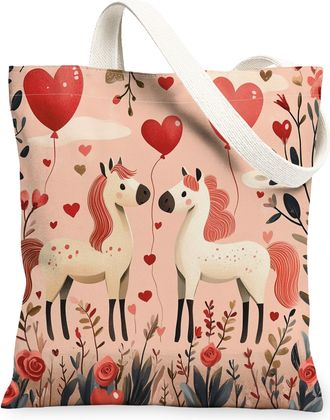 Generic Valentines Day Lion Canvas Tote Bag for Shopping 13x15, Kid Fun Cute Animal Couple Reusable Grocery Print Bag for Women, Lover Beach Aesthetic Paintin