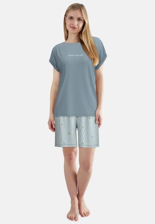 Tom Tailor Shorty TOM TAILOR, Damen, Gr. 36, blau, mittel, streifen, Single Jersey, Obermaterial: 95% Baumwolle, 5% Elasthan, bequem kurz, Rundhals, gerader Absc