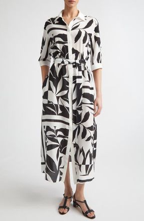 Max Mara Changio Beachwear Floral Silk Midi Shirtdress in Black at Nordstrom, Size 6