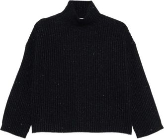 Brunello Cucinelli Sequin-Embellished Ribbed Cashmere Turtleneck - Dames - Coltruien - Blauw - M - Wol - Truien & Vesten