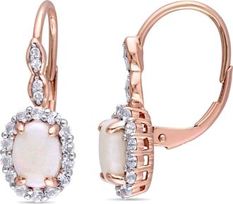 Mimi & Max 1 3/4 CT TGW Oval Shape Opal, White Topaz and Diamond Accent Vintage LeverBack Earrings in 14K Rose Gold