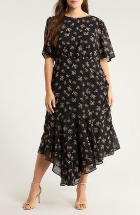 Sugarlips Kim Balboa Floral Asymmetric Hem Dress in Black-Multi at Nordstrom, Size 2X