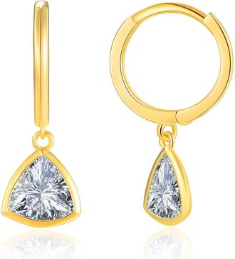 MAX + STONE 10K Yellow Gold Cubic Zirconia Huggie Hoop Earrings with Trillion Cut Dangle