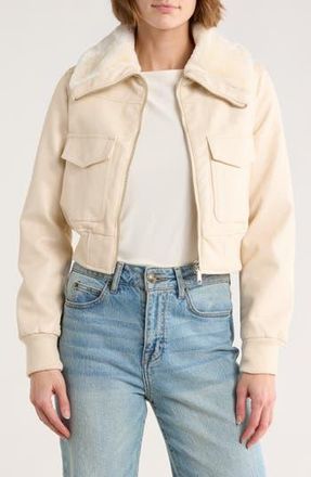 Vigoss Faux Fur Collared Faux Leather Dad Bomber Jacket in Creme/Crme at Nordstrom Rack, Size X-Large