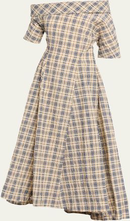 Bernadette Bowery Off-The-Shoulder Check Seersucker Asymmetric Dress