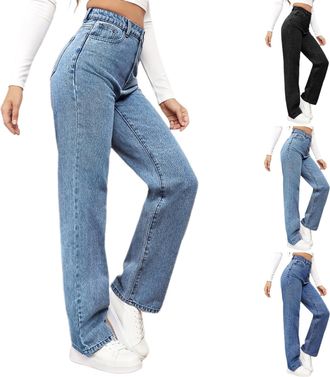 Generic Jeans for Women UK High Waisted Wide Leg Jeans Stretch Baggy Denim Trousers Pull On Straight Leg Jean Ladies Casual Trousers Trendy Boyfriend Y2K Deni