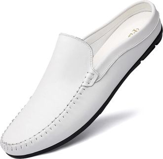 Generic Mens Loafers Mule Loafer Genuine Leather Stitching Details Round Toe Slip Resistant Flexible Comfortable Party Fashion Slip-on(White,6.5 UK)