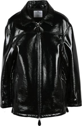 Courr&egrave;ges Patent Finish Black Jacket With Zippered Pockets And Structured Collar