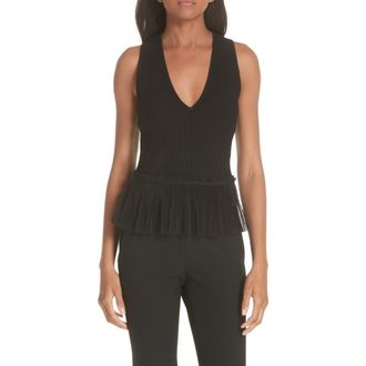 SIMKHAI Jonathan Simkhai Tulle Hem Ottoman Knit Tank in Black at Nordstrom Rack, Size Medium