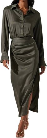 Astr Elizabello Satin Midi Shirt Dress In Moss