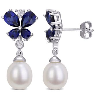 Amour 8-8.5 Mm Cultured Freshwater Pearl, Created Sapphire and Created White Sapphire Butterfly Drop Earrings In Sterling Silver