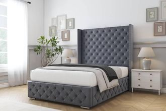 Comfort Beds Emily Plush Bed Frame - 50 Upholstered Wingback Headboard in Dark Grey | Size: Super King