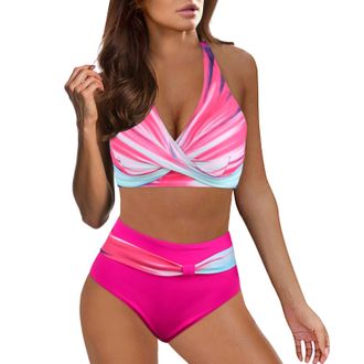 Generic Women 2 Piece Swimsuits,Criss Cross Halter String Triangle Bikini Sets Polka Dots Top with High Waisted Bottom Hot Diamonds Gather Vintage Print Tummy