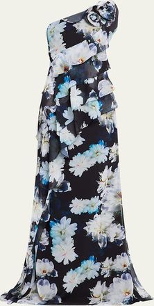 Teri Jon One-Shoulder Ruffle Chiffon Gown