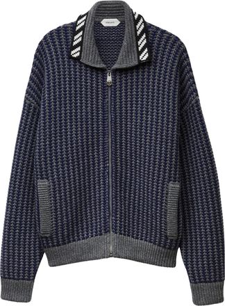 Versace Waffle Knit Zip Cardigan with Geometric Intarsia Motif