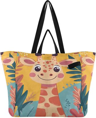 Generic Giraffe Plant Yellow print Reusable Canvas Tote Bag, Heavy Duty Grocery Shopping Bag with Large Capacity Double Handles Hard Bottom Work Groceries Tra