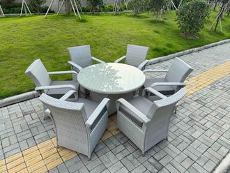Fimous Rattan Garden Furniture Set 1 Big Round Coffee Table & 6 Seater Chairs in Light Grey