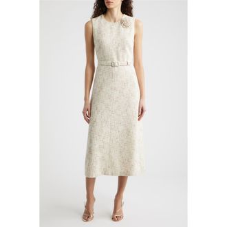 Anne Klein Rosette Belted Tweed Midi Dress in White Dove/Latte at Nordstrom, Size 14