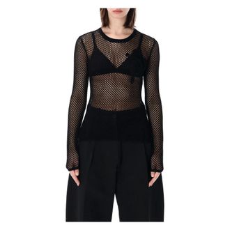 Ganni Round-neck Knitwear, female, Black, Size: S Pointelle Mesh Top